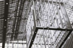 Een interior met moderne architectuur: kleurrig zwart-wit afbeelding van een plafondconstructie met intersecterende balken en verticale lamellen, glasachtige wanden en metalen frames. Lijnen en schaduwen vormen een geometrisch patroon.